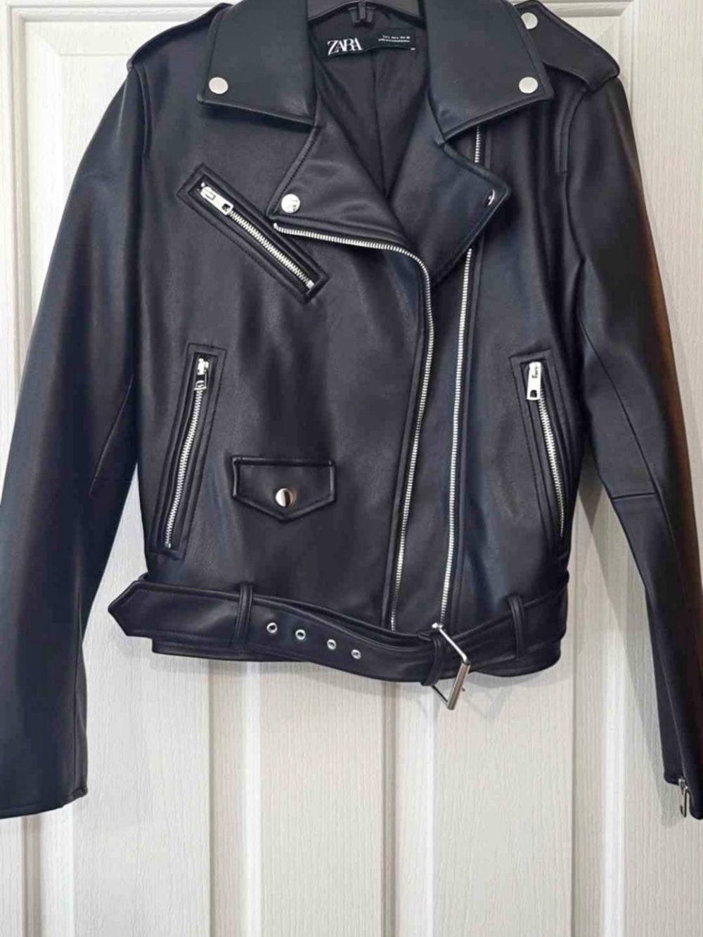 Zara Black Faux Leather Biker Jacket with Silver Hardware